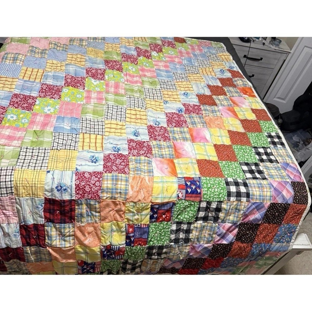 Vintage Handmade Patchwork Quilt Multi-Color Floral Plaid Gingham Hand-Tied Boho